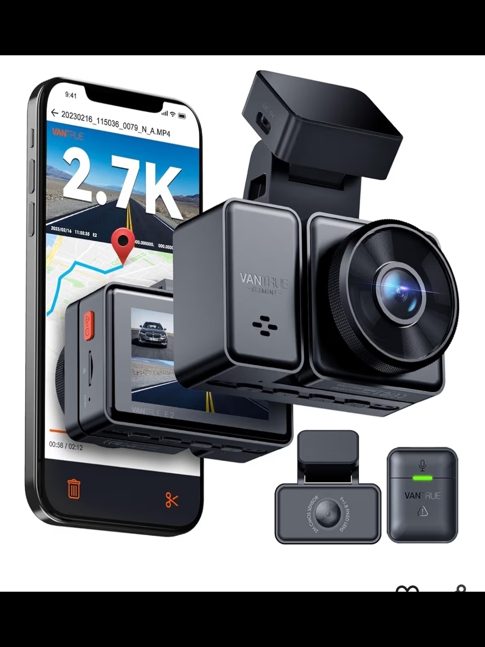 VANTRUE 2.7K Black Dash Cam with Wide-Angle Lens Plus Rear Cam Voice Control